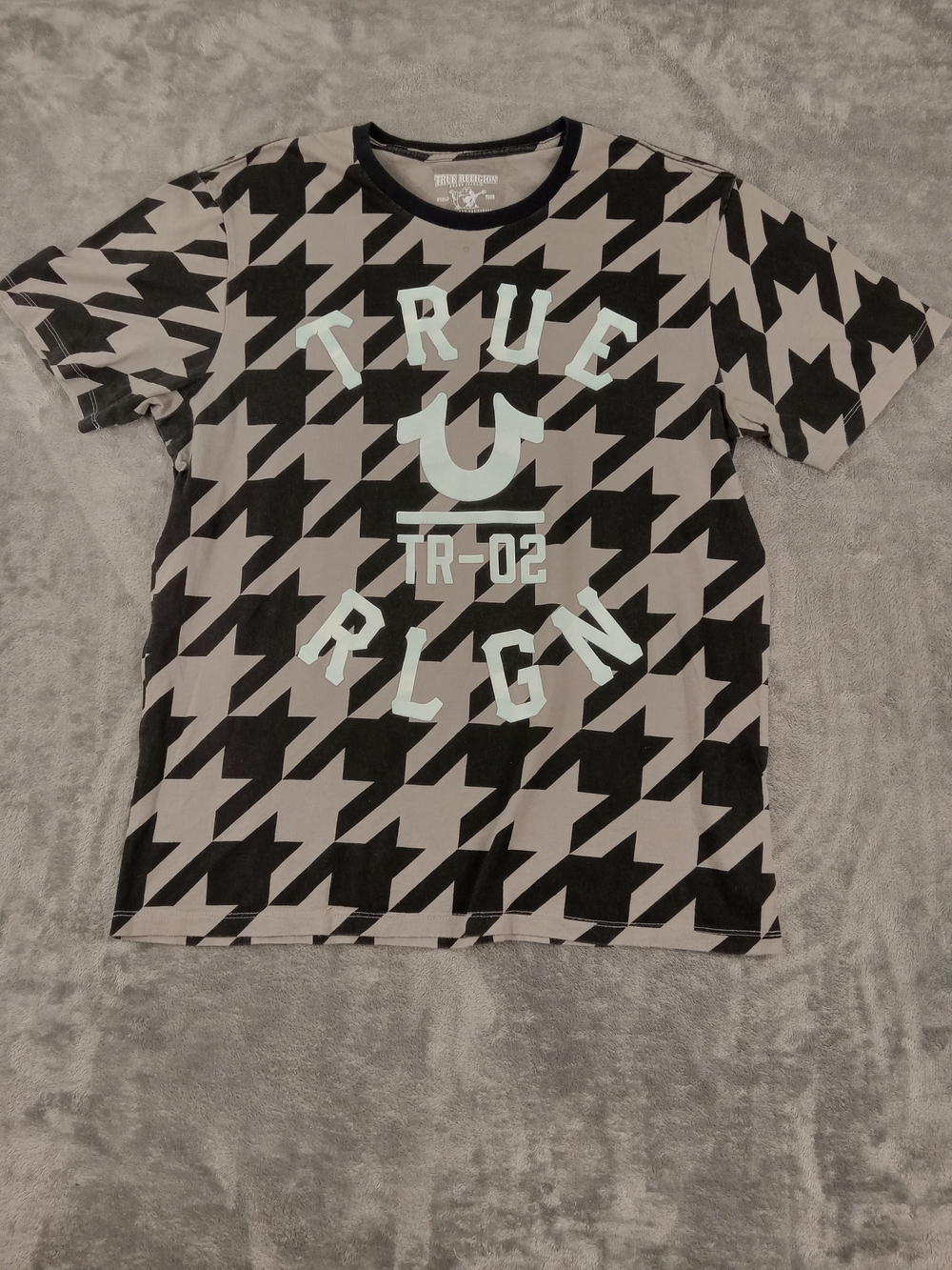 True Religion Mens Black & Gray Houndstooth Logo Tee Size Large